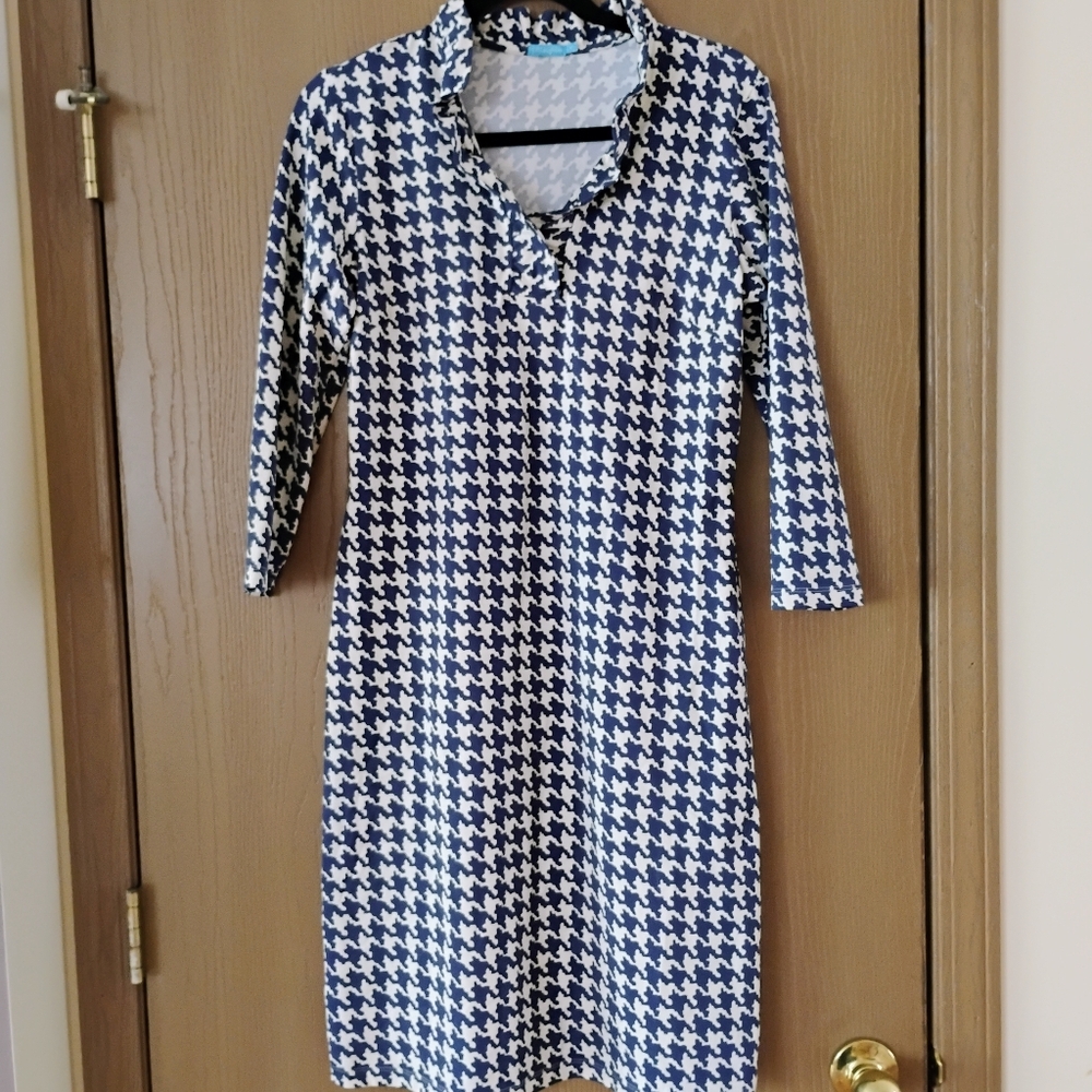 J. McLaughlin Durham Navy Houndstooth Stretch Dress, Size Medium
